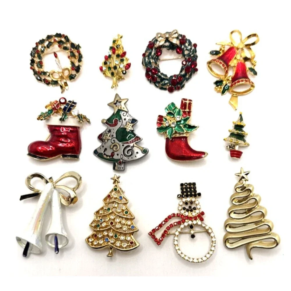 Vintage Rhinestone Enamel Christmas Brooches Trees Bells Wreaths Stockings 12 Pc